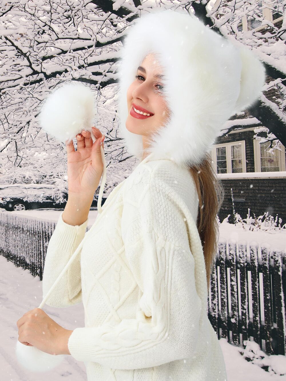 6520 Faux Fox Fur Pom Pom Hat and Hand Muffs 2pc Set - Picture 4 of 9